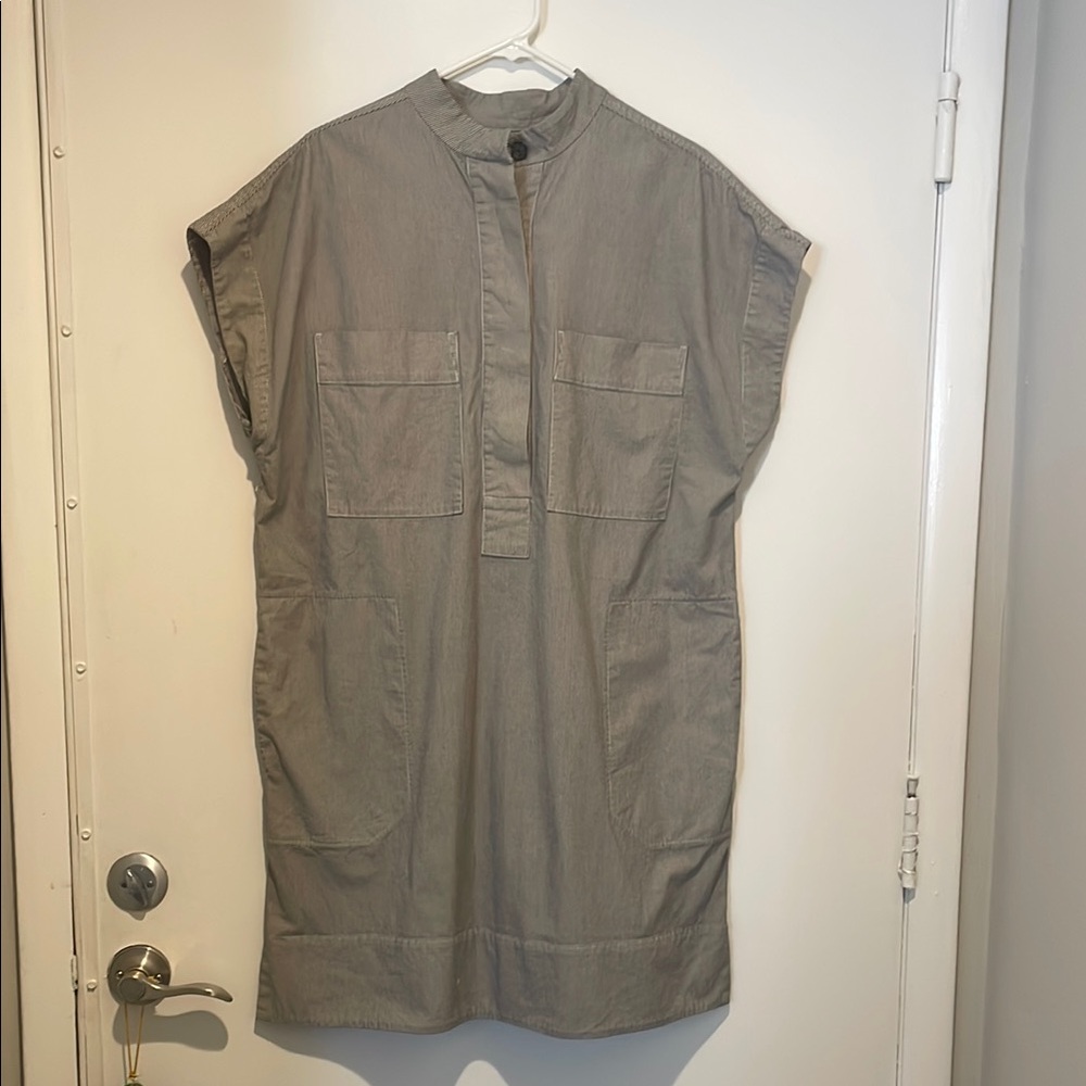 Everlane Gray/White Organic Cotton Casual Button Down Dress w/Stand-Up Collar M